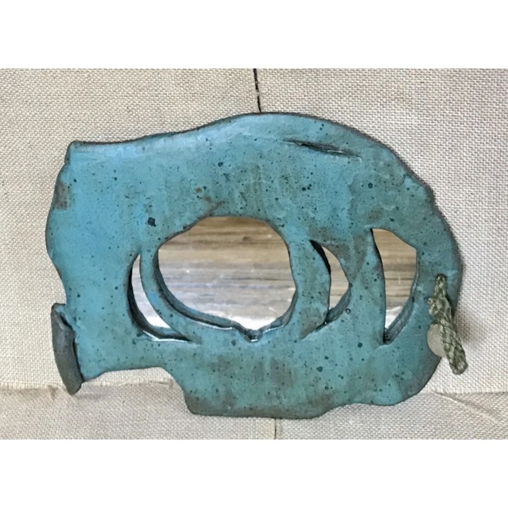 Vintage Stoneware Mirror Art 1974 Handmade Pottery Eclectic Goblin Gremlin Core